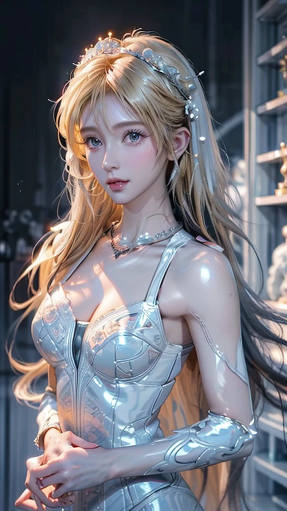 (masterpiece:1.3), (8k, Photorealistic, Raw photo, Best image quality: 1.4), Fair-skinned fairy woman、Long Haircut、Cleavage:2.0、Super detailed face、Attention to detail、double eyelid、Put your chest together、Sharp focus:1.2、Beautiful woman:1.4、Silvery white hair、highest quality、masterpiece、超A high resolution、(Photorealistic:1.4)、Highly detailed and professionally lit smile、Loose, light, futuristic clothing、Shoulder out、thin、Serious expression、Short-haired、Deadly position