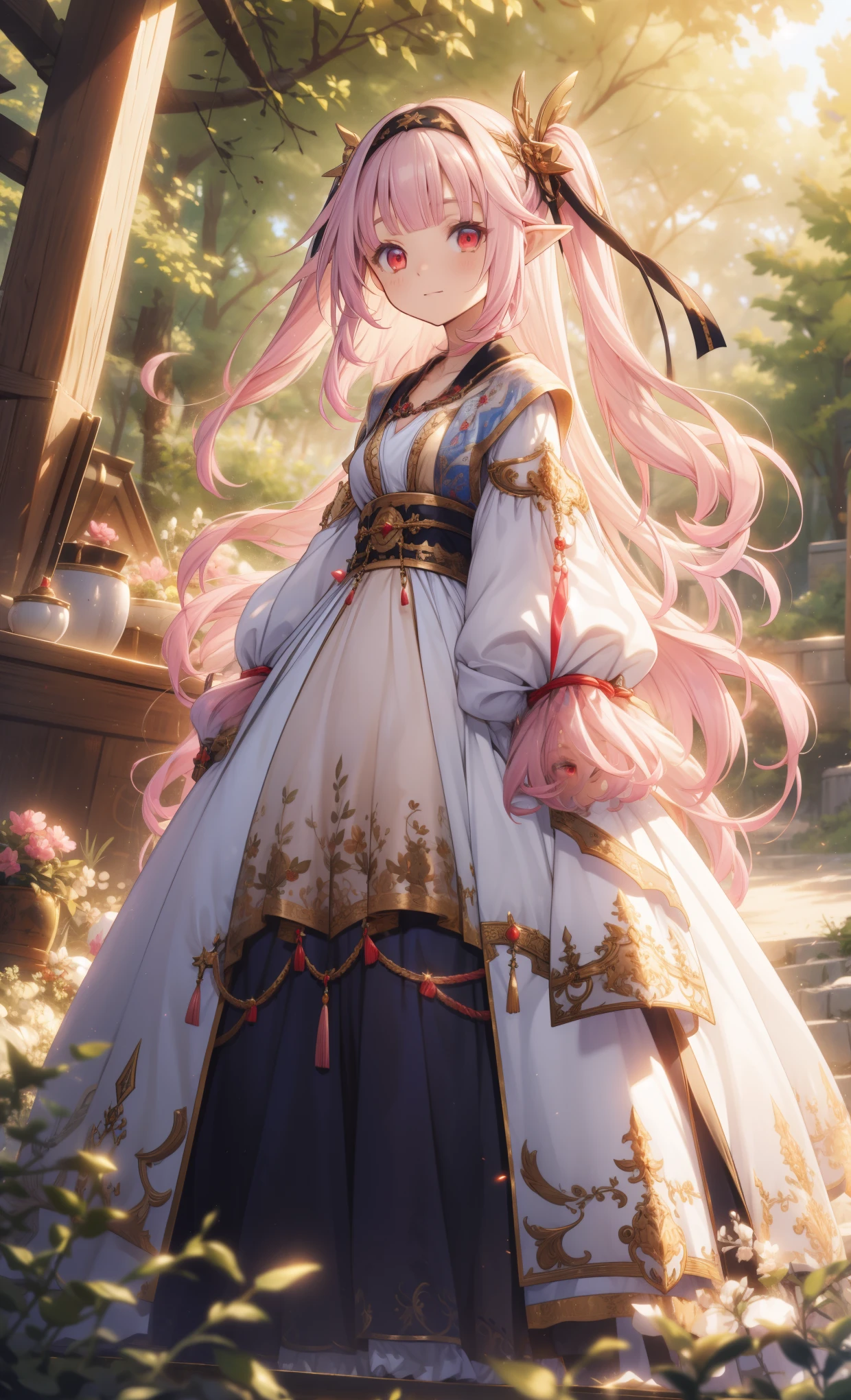 ( masterpiece、top quality、illustration、 very high quality 、HD、 extremely sensitive writing ) Ahog,Very Long Hair,pink hair,two side up,gradient hair color,colorful hair,Flowing Hair,Hairband, black ribbon,Hair accessories,two side up,Pointed ears, bangs, red eyes 、 beautiful national costume style dress , She wears a shawl 、Hair must flutter in the wind,Light and Shadow Effects,Golden effect ,