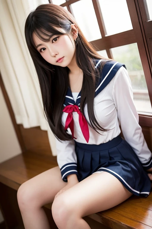 A woman in a sailor's suit walks in water, one-girl,Sailor uniform, Kantai collection style, Anime girl cosplay, cosplay foto, girl in uniform, seifuku, Wearing a Japanese school uniform, Japanese school uniform, female sailor uniforms, Anime girl in real life, azur lane style, sailor outfit, sailor uniformm, double tails ,White silk high socks,White stockings,full bodyesbian,Raised sexy,Plump breasts,white stockings