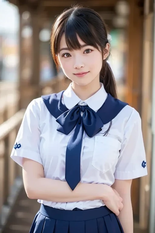 、White summer uniform with school emblem on the left breast、Her nipples are clearly visible through her uniform.