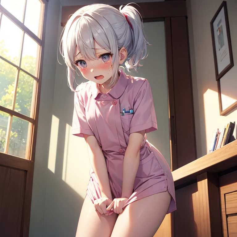 masterpiece, highest quality, 1 girl, Beautiful face in every detail, ((Pink Nurse)), Bent over, Down blouse, smile, short hair, Wavy Hair, Twin tails, Gray Hair