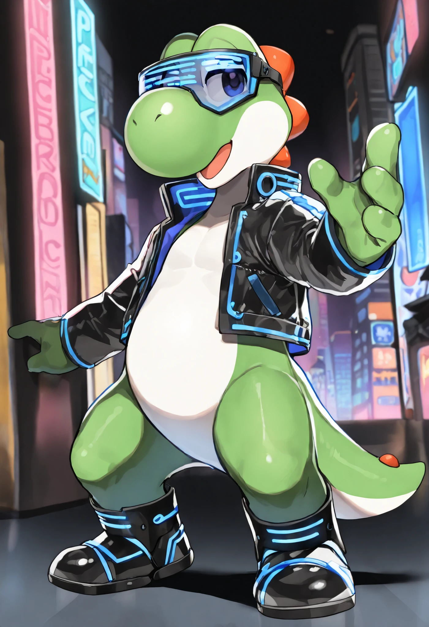 ((soft shading, 4k, hi res, detailed face, detailed, Best quality, masterpiece, detailed anatomy, detailed eyes, detailed hands, perfect shading)), by K0BIT0WANI, by Bebebebe, 1male, solo, Yoshi, dinosaur, cyber glasses, futuristic jacket, cyber boots, neon city background