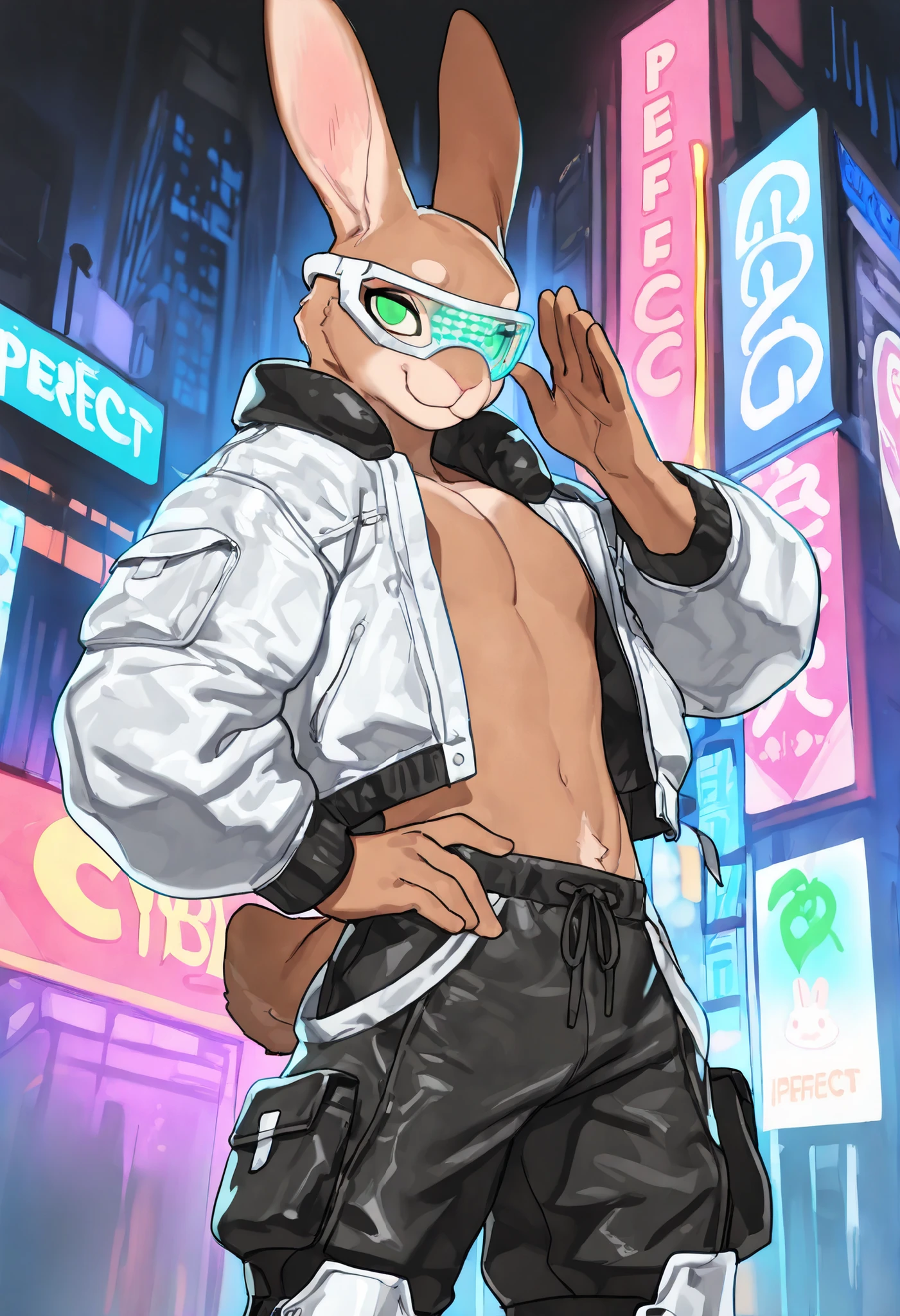 ((soft shading, 4k, hi res, detailed face, detailed, Best quality, masterpiece, detailed anatomy, detailed eyes, detailed hands, perfect shading)), by darkgem, by Bebebebe, 1male, solo, rabbit, brown fur, green eyes, lean body, cyber glasses, futuristic jacket, jogger pants, cyber boots, neon city background