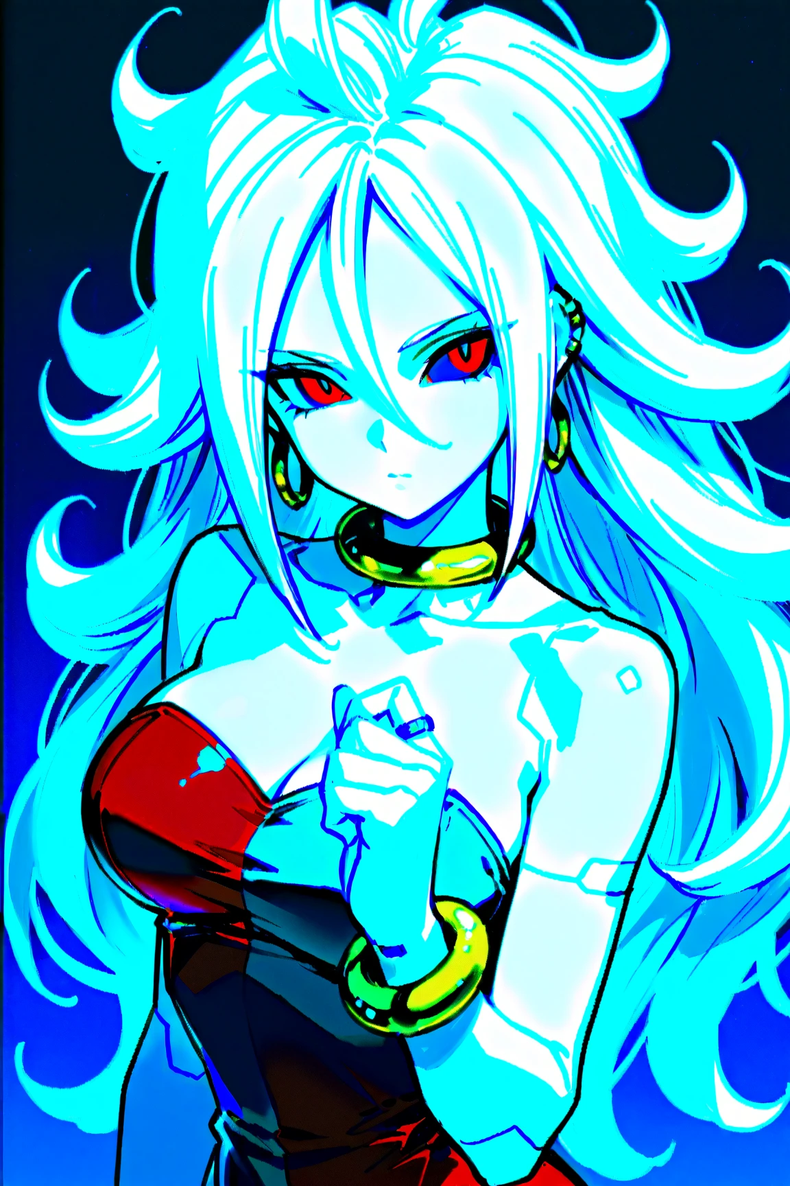 <lora:OGT_Android21_Vomi-v2:0.7> Vomi, 1girl, android 21, solo, jewelry, white hair, pink skin, breasts, navel, long hair, colored skin, black nails, hoop earrings, earrings, midriff, bracelet, medium breasts, open mouth, blue eyes, hand on hip, simple background, cleavage, smile, white background, detached sleeves, crop top, bare shoulders, ring((masterpiece)), ((Best Quality)), ((Extremely Detailed)), ((Ultra Quality)), ((4k))