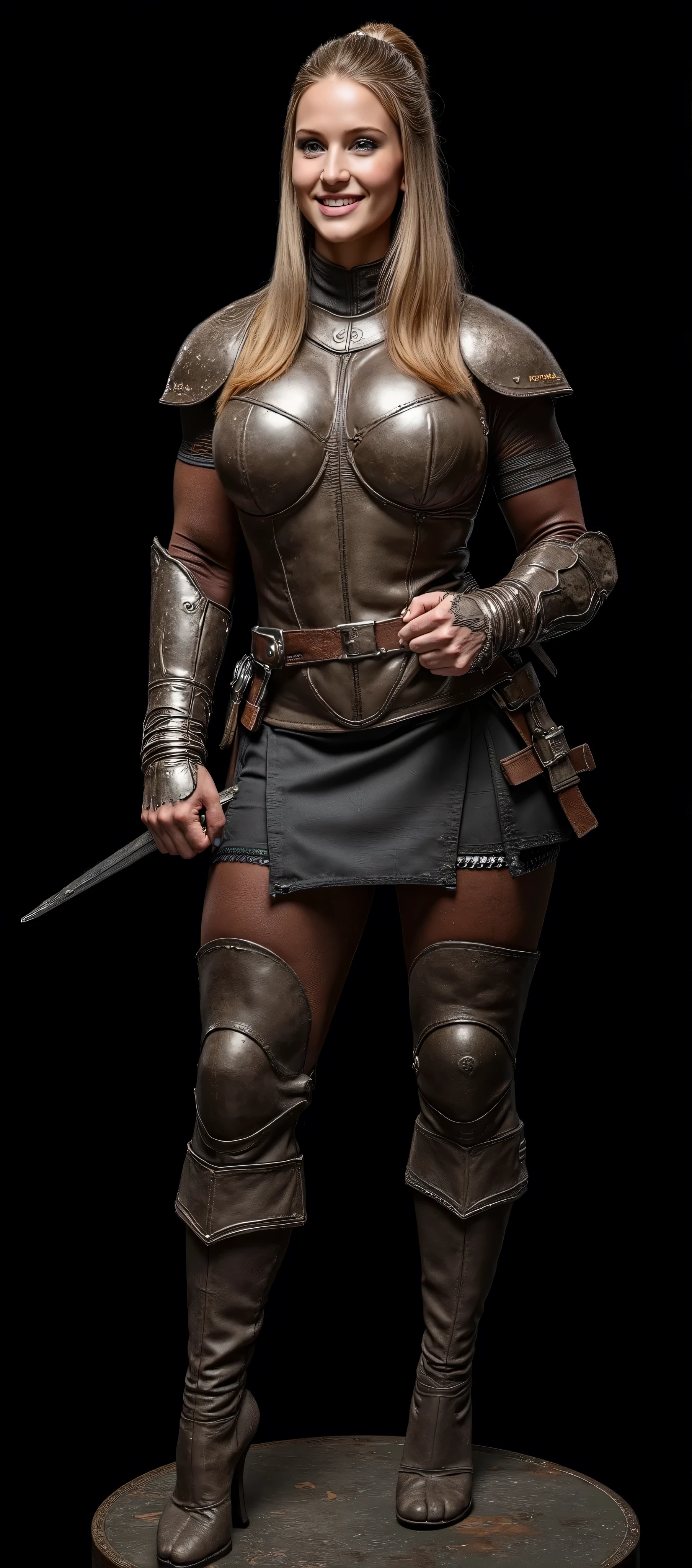 girl in lightweight worn leather armor , cheerful smiling look, Highly detailed, absolutely black background