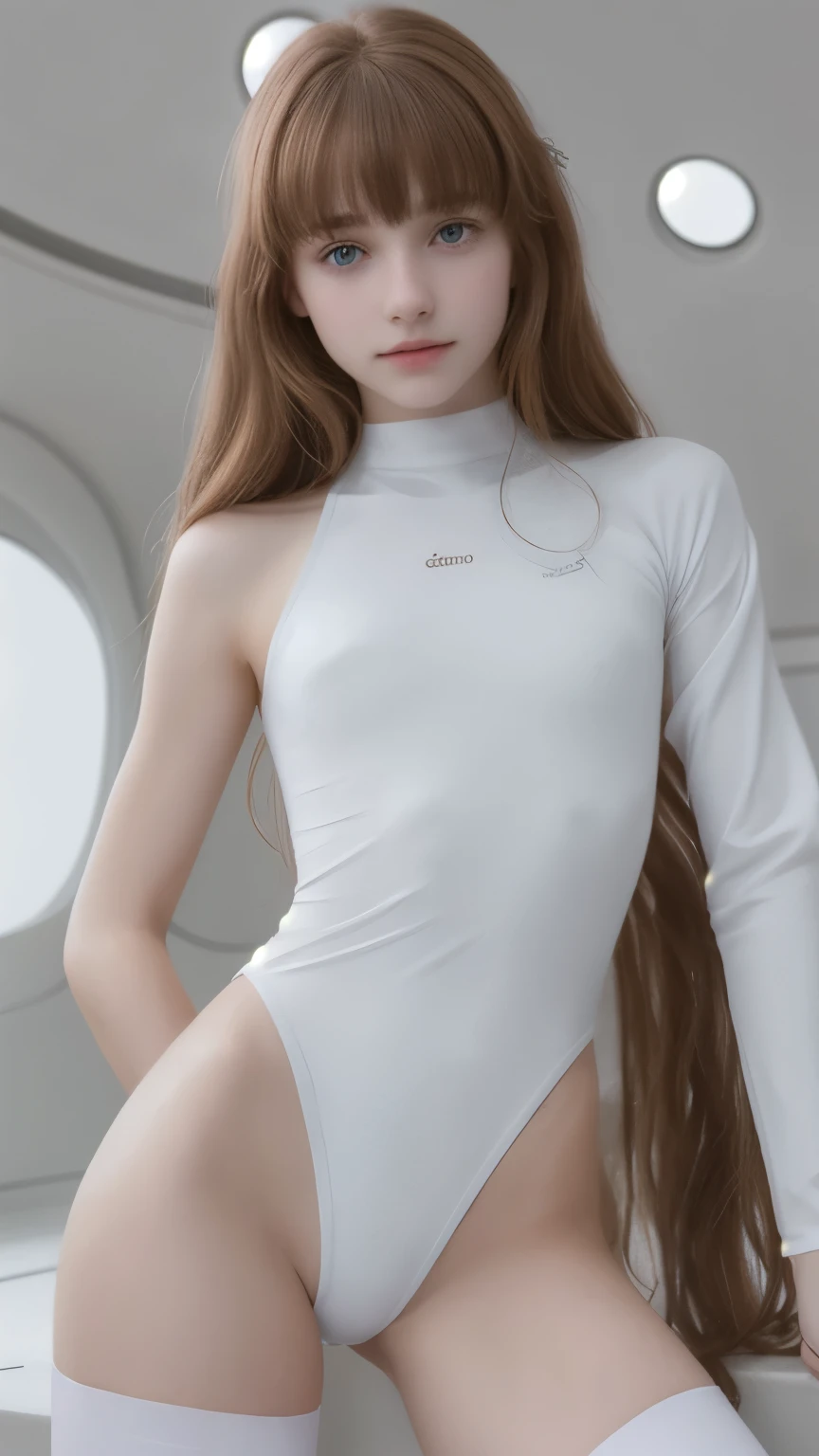  Very beautiful young girl、Beautiful and fair、A refreshing and gentle look、 perfect、bangs、 eyeliner 、So perfect eyes、 very small breasts、 muscular body flowing through a bowl、white competitive swimsuit and tights、 see-through 、Very high leg、Slim and very perfect figure 、Brown Hair、camel toe、Standing in a spaceship、
