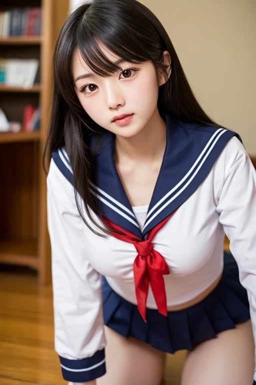(8K、RAWE Photo、highest quality、masterpiece:1.2)、(real、photorealistic:1.37)、1 beautiful Japan schoolgirl、perfect body、18-year-old、Sexy schoolgirl uniform、Medium Boob:1.8、(Photographing the subject from below)、(((hanging breasts, underboob、Are thin)))、underboob、oily skin:1.5、thin、 (Sexy uniform with a slight view of the underside of the chest)、((目に見えるunderboob、Uniform with visible ribs and belly button))、Super miniskirt visible、((look at the audience))、Happy smile