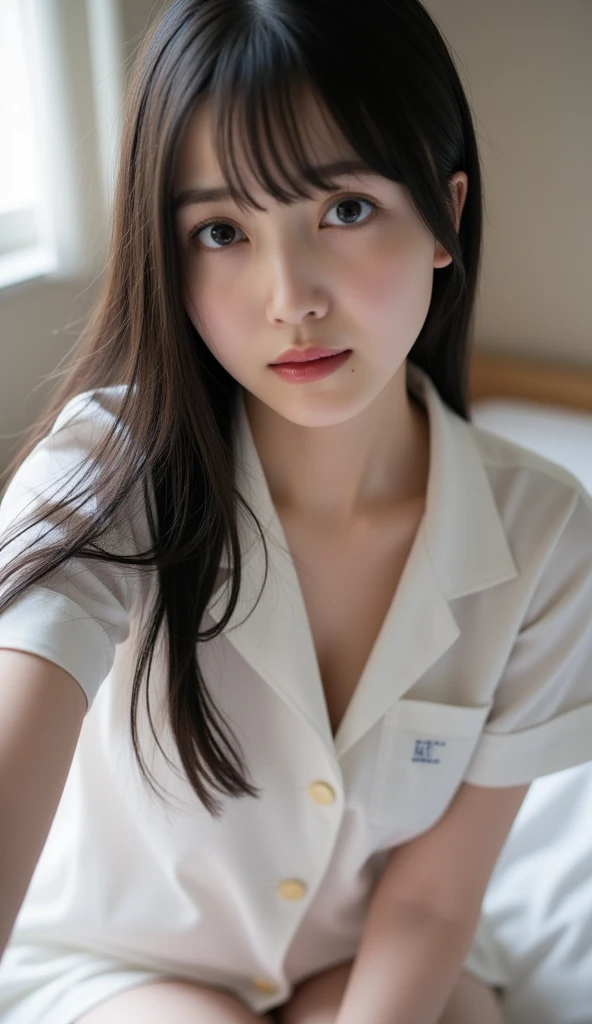 (Lie on your back in bed:1.3), masterpiece、(Professional Portrait、Professional Writing)、Detailed workmanship、High resolution、(8k, High resolution:1.2)、(born, Realistic:1.3)、Highest quality, Slim figure、High resolutionの顔、The face is in focus、High resolutionの目、(Concentrated, Symmetrical pupils:1.2)、High quality and beautiful skin、Firm Skin、Natural Makeup、Gloss lips, High-definition hair texture、(Embrace your chest:1.3) break (White nursing uniform、White nurse uniform:1.3) BREAK Japanese women、16 years old、very cute, (Very embarrassed:1.3), (blush:1.3), Similar faces'I am going to cry:1.3、(Look up at the camera:1.2)、(color々Easy-to-shoot angle:1.3)、Mid-chest, Browsing Caution, Cleavage, (Open your mouth),Nipples