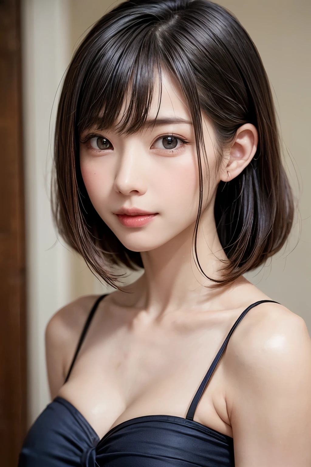 (table top, highest quality、ultra high resolution、face focus focus、focus on the sides、navel focus、decolletage focus、very attractive beauty、Add intense highlights to your eyes、look closely at the camera:1.4、Absolutely beautiful bangs:1.4、Brunette short bob hair with bangs:1.4),1 girl, Report, black haired, realistic, looking at the viewer, pale black eyes, short hair, lips, lip gloss, Upper body、Big eyes、eyelash)、((italian natural background、hyper real stick:1.4))、((short hair with bangs:1.4、Beautiful bangs with 46 points:1.4、{Huge|big|Hugeな|mega} chest:2, cleavage:2、Big eyes、Give students very powerful highlights、very bigger chest、look at the audience、very beautiful beauty、show me your ears、beautiful long neck、beautiful decollete、smile、A smilee　beautiful teeth、Open your mouth and smilee))、28 years old、very cute super model、perfect ???????