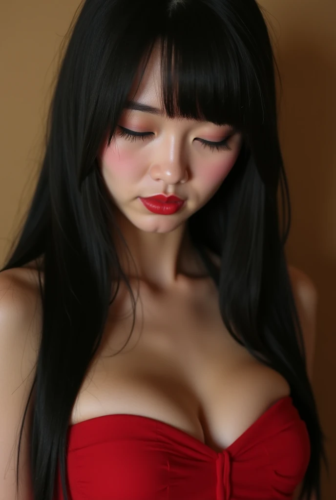 arafed woman with long hair and Red lipstick posing for a picture, Ekaterina, profile image, Red lips, Professional photos, 30-year-old woman, 30-year-old woman, Angie Wolf, Photo by Jessica Devic, Professional Profile Photo, Molexandra Shasliva, Straight black hair