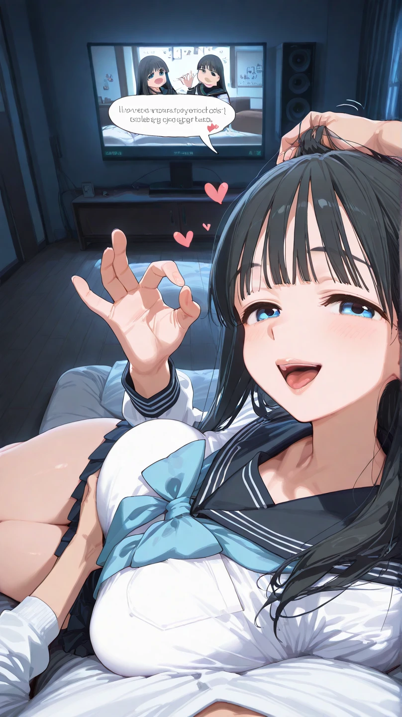 1girl on side, lying, from side, breast grab, resting head, breast grab, fellatio gesture, sleepy face, happy, tongue put, lips, komichi akebi, long hair, bangs, blue eyes, black hair, big natural breast, round butt, thighs, shirt, long sleeves, bow, school uniform, white shirt, serafuku, sailor collar, neckerchief, blue bow, black sailor collar, blue neckerchief, resting on chest, lean back, looking at viewer, head on pov chest, snuggle, flirt, romantic atmosphere, happy, hearts, speaking, tv, home, lights off, cozy, male pov, povoverShoulder, pov hands, pov arms, hand over her head, caressing hair, sfw. speech bubble text, (text:"lets fuck").