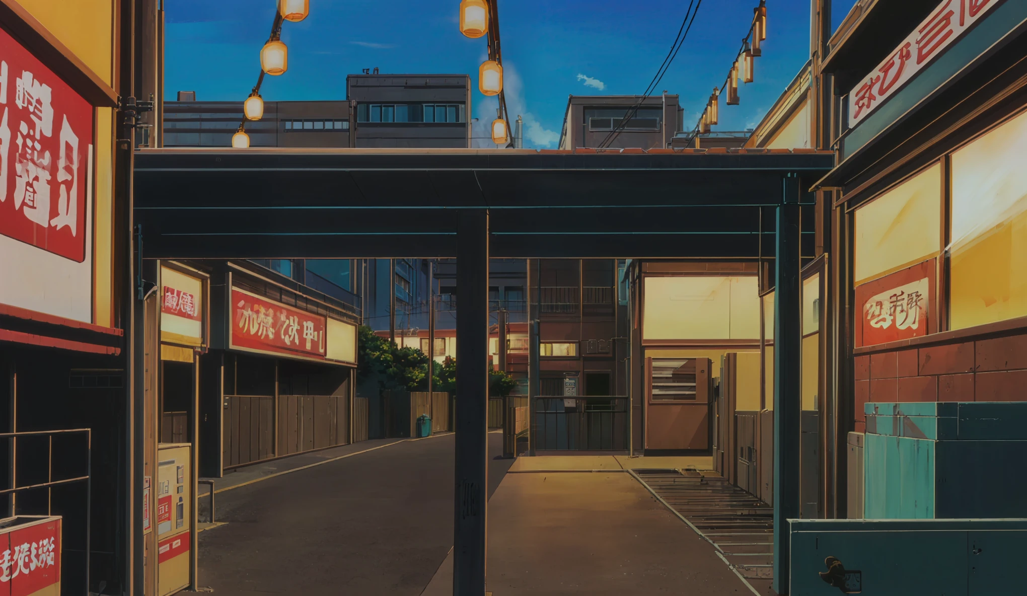 Drawn in 80’s anime art style.
Retro anime. Vintage Anime. Classical Anime.
Japanese Street.
The street hums with quiet life, nestled somewhere between sleepy suburb and restless city. Low-rise buildings with neon signs in faded kanji line the sidewalks—convenience stores with humming fluorescent lights, ramen shops exhaling rich steam into the cool evening air, and tucked-away alleyways where shadows stretch long and secrets lurk.
Overhead, power lines crisscross the dusky sky like a web, swaying gently in the breeze. The air smells of grilled meat, old pavement, and the faint trace of cigarette smoke from a lone salaryman leaning against a vending machine, flicking ashes and watching the world go by with half-lidded eyes.