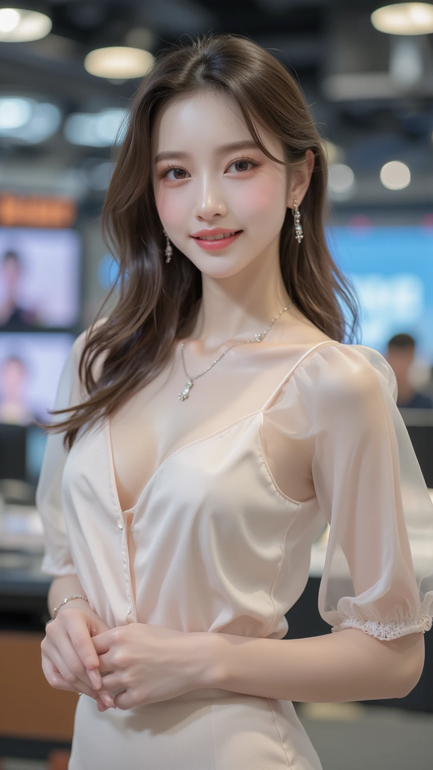 (Best quality at best, 4K, 8K, A high resolution, tmasterpiece:2), ultra - detailed, (actual, realistic, Photorealistic:2), masterpiece, best quality, High detail, Best image quality, super detailed, high resolution, Very detailed, Best quality, Extreme detail description, hyperdetailed painting, An extremely delicate and beautiful work, Beautiful detailed girl, ((standing)), hazy beauty, very detailed facial, seductive face, detailed skin structure, fair skin, perfect anatomy, ((perfect body)), Beautiful detailed whole body, lovely lips, Behind the softness, slim waist, ((cleavage)), breasts beautiful, big breasts enchanting, (detailed eyes, soulful eyes, realistic eyes, beautiful and clear eyes:1.1), (close eyes:1), shiny color hair, ((bouffant bun hair)), ((laugh:1.2)), ((Alluring)), ((Enchanted expression:1.1)), (seductive look:1.1), (Enchanted pose:1.3), (Detailed unbutton yellow blouse and brown trouser), head gear, highly detailed, Delicate earring, ((view over city, midnight)), ( night scene), physically-based rendering, ((the body from the thighs up)), (looking at viewer)