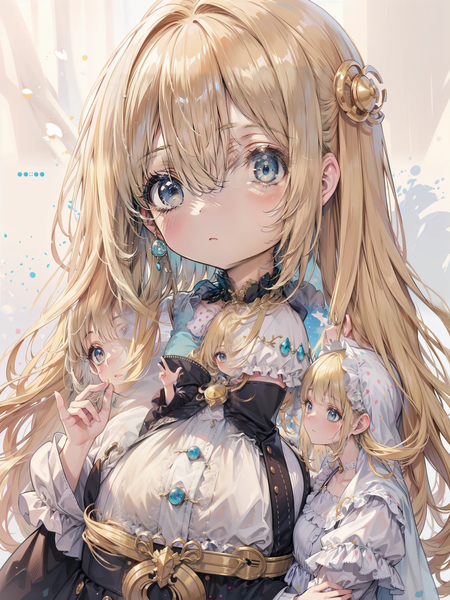 Dots are、明るいピンクの頬、she has chin-length, curly, golden blonde hair with wavy bangs.、she'dark-skinned girl, she is wearing a bright red headband with a ribbon on the right side of her head.. Dots are、she wears a shiny pastel blue and scarlet red dress with a small ribbon belt around her waist。, white collar, 4 crimson buttons, Bright red lining. sheのドレスの下には赤と淡いブルーのチュールスカートがある.. she also、Red top with white socks、she is wearing carnation pink high-top sneakers with bright red shoelaces, Shine; glitter, (:1.4), (1girl), (flat :1.1),