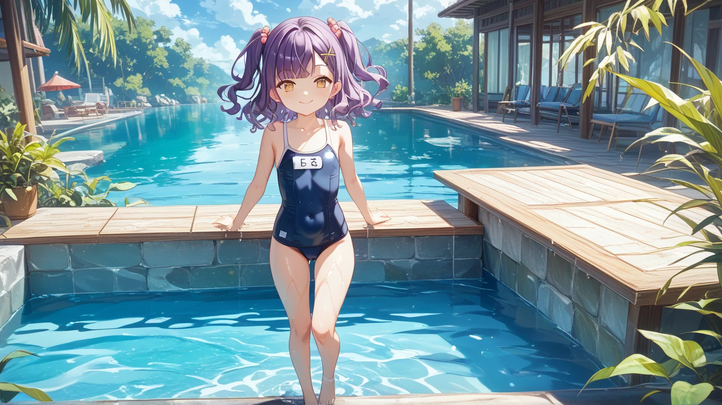 masterpiece, best quality,shiny,chromatic aberration abuse,pastel color,full body,
1girl,solo, purple hair,smile,long hair,(orange eyes,red eyes,)
looking at viewer,hands on hip,(mature female,)
pool,flowers,sunshine,standing,street,
hifumi bikini,<lora:hifumiswim:0.7>,sunglasses, halo,