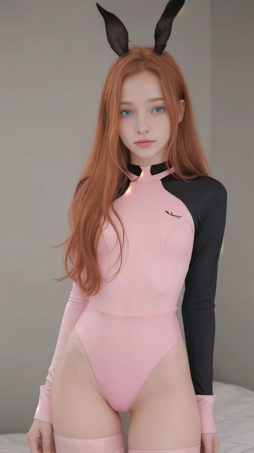  score_9,  score_8_ up,  score_7_ up,  score_6_ up, cinematic picture of 1 girl ,  girl , likeい,  adorable,  is cute , Innocent, thin,  short, thin small , Age 18, ( is cute  face),  long hair,  body ,  ginger hair, Freckles, Freckles on body, Freckles on face,  blanking,  small breasts, fit, Bright Blue Eyes, (( constricted)),  is cute ,  feminine, ( black choker), sweet, (tight pink long sleeve tight crop top), (( standing,) Puffy Nipples ),  erect nipples, (( she's looking slightly to the side ), Natural skin, British:1, shy, In a dark bedroom, long intricate  ginger hair,  focus on face ,  low light,  midnight15 year old girl, Lovely, orange hair, score_9,score_8_ up,score_7_ up, ultra detail,  absolute resolution, 32K,Masterpiece, best quality , Super High Definition,  Beautiful Japanese Girl, black hair, (pink leotard:1.2), Small breasts , perfect hand, Perfect Anatomy, Venus Rift, cowboy shot, thin legs, gap between thighs, from the front, stockings, gloves, ((cameltoe)), rabbit ears, cowboy shot