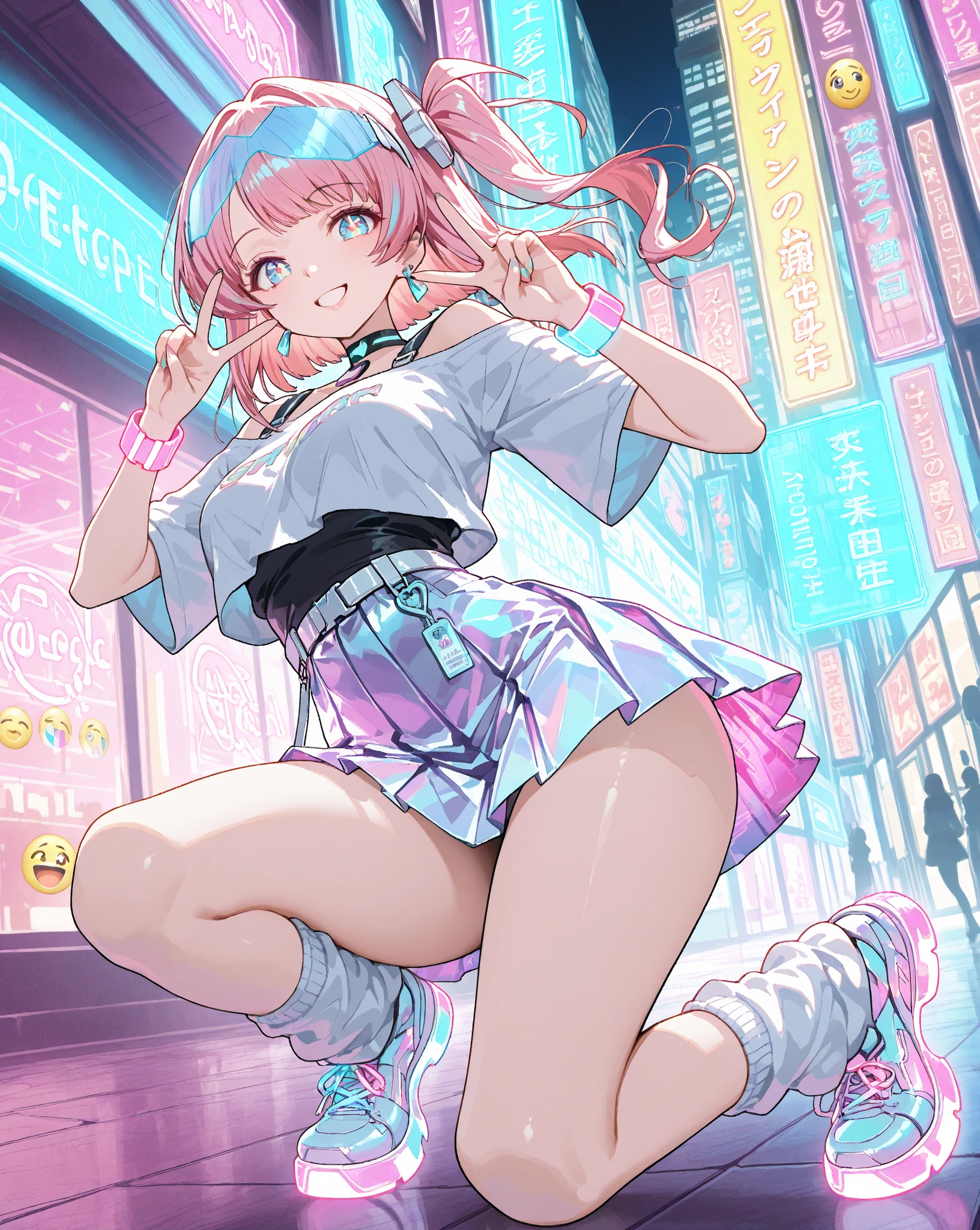 Anime Kawaii sexy Perfect Slim sensual body large breast and huge thighs, An intricate and highly detailed illustration of anime (Young girl)  NSFW,Big perfect breasts ((Space Punk Girl)),(((1 girl))),((beautiful Girl)), ((Saggy breasts)), ((Gray Hair, Dirty black hair, Inner hair color)), Long Hair , Amazingly long and voluminous hair, ((intricately cut hair)), (((Neon pink eyes: 1.4))), beautiful detailed eyes, Very sexy body, ((((Short sweatshirt, Short sweatshirt, Complex sweatshirts)) )) Flowing Cyberpunk Skirt, Revealing clothing, Show some skin, ((((Well good)))),((Cleavage))(((Cyberpunk Clothing, Complex clothing, Complex clothing))) (((Light Skin: 1, 5, Sunburned skin, Glowing Skin) )), ((Firm Abdomen)), Wide Hips, Moving objects, Sexy Legs, Detailed body, ((Detailed face)), (Graffiti on clothes), (Half naked, dress up a little, barefoot) ((Sexy pose)), alone, Embarrassing, High resolution, Sharp focus, (Very detailedな, Very detailed), (Perfect art) (Very detailed), (((Bright colors))), (Background Complex), (Tabletop), (Highest quality), Synthwave Neon Colors, (((beautiful, Conclusion, attractive, erotic))), (((Browsing Caution))), Cyberpunk seaside town at night, Puddle with bright and dark storm clouds and neon sign, scenery: 1 , 30,