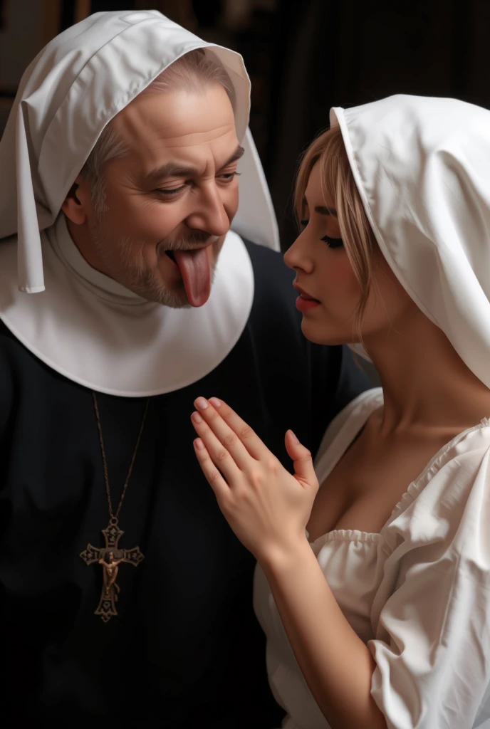 masterpiece, (old granny 90yo) (kissing a penis:1.6), (excessive cum on face:1.5), (busty breast:1.5), 8k, (nsfw:1.4), (white silk nun dress:1.5), (((close eyes open mouth))), (((lying down on bed))), sleeping, (from belove:1.4), (huge creampie:1.5), 
