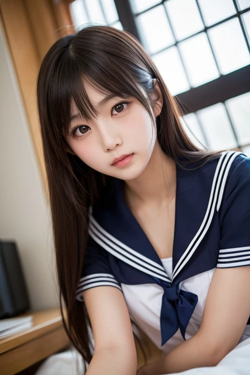 masutepiece, Best Quality, 8K, Official art, Raw photo, unbelievable Ridiculous, a beauty girl, 25-years old,Pretty Face, (Sitting, Upper body, Sailor Uniform, serafuku,:1.2), School uniform, Shirt, Looking at Viewer, close up, , crass room, a bow tie, Navy pleated skirt, A hyper-realistic, hight resolution, Photography, Film grain, chromatic abberation, Sharp Focus, face lights, Dynamic lighting, Cinematic lighting, highest details, ighly detailed, ultra-detailliert, finely detail, ighly detailedな目と顔