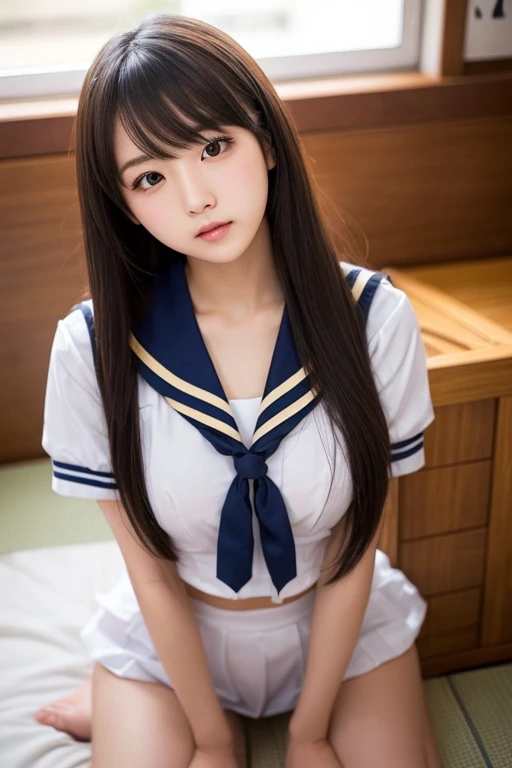 ((highest quality, 8K, masterpece :1.4anime)), highest real,Sharpness:1.3, Perfect Body Beauty:1.4,super detailed face and skin texture,(Glowing skin) ,((Super Real,best quality)),(soft lighting),super detailed face, fine eyes, double eyelid,(ass pov),(((1 girl))),fine detail,highly detailed face and eyes, (cute face:1.6), ((NSFW:1.5)), my sister,18years old,(huge breasts :1.8,beautiful areola,small areola),(Glowing skin),(JAPANESE IDOL),(pureerosface_v1),realisticlying,---//background//---(Inside the room, on the bed, bright room, large windows, sunlight shines in,Marble floor)---//Hairstyle//---(Beautiful BROWN hair:1.2,CUTE LONG HAIR)----//expression//---(SMILE FACE:1.4)--//Pause//---((lie on your back on the bed:1.4)),((spread legs:1.5)),(penis in pussy),((cum in pussy:1.4)),(close up pussy:1.4))---//clothing//--,((school uniform:1.4,sailor suit:1.4,BLUE SKIRT:1.2,WHITE SHIRTS:1.2)),