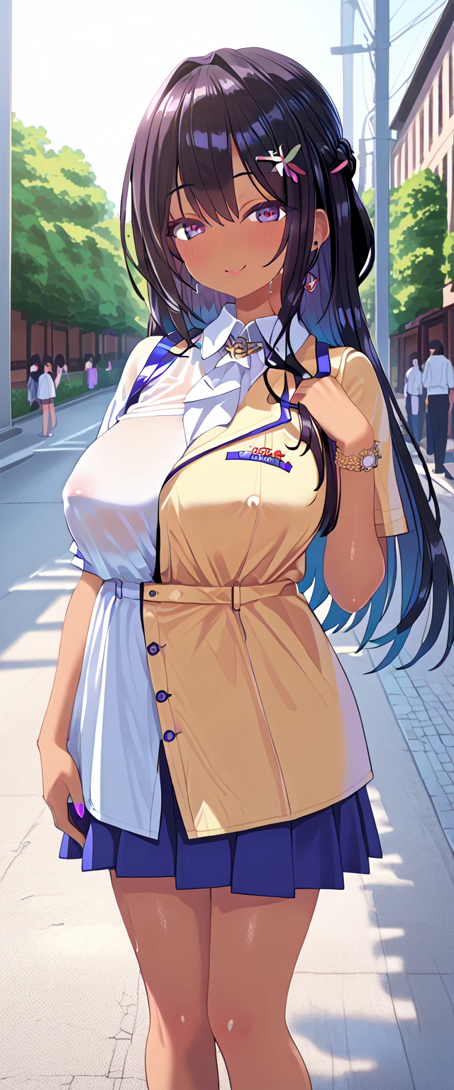 A white short-sleeved dress with a round collar and buttons in the front、White Skirt、Black ribbon at collar、Navy blue leather belt around the waist、Long straight purple hair down to her waist、Big red eyes、Small Nose、Big Mouth、Round face、Big Tits、anime、high quality、High resolution、I can see her cleavage、Ahegao、See-through nipples、Female organ、Street corners in medieval Europe