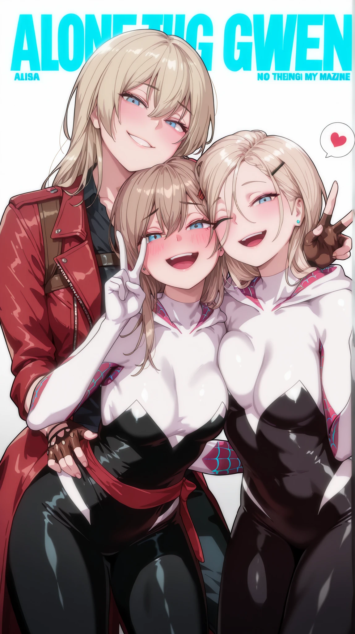 masterpiece, best quality, amazing quality, same height girls, absurd, 2 girls, kurashiki reigns, long hair, blue eyes, blonde hair, ( Dante Devil May Cry costume ), red coat, sash, fingerless gloves, heart shaped pants smile, narrowed eyes, parted lips, looking at viewer, naughty face, chisa, alone, chisa_IlXL,Brown Hair, white strapless sweatshirt, hooded eyes, blushing, alone,( spider-gwen ), black leggings, (spider-gwen outfit), smile, smiling, looking at viewer, hair between the eyes, v sign, blushing, open mouth, blinking, happy,hair clip, (Magazine cover-style, magazine cover), spoken heart