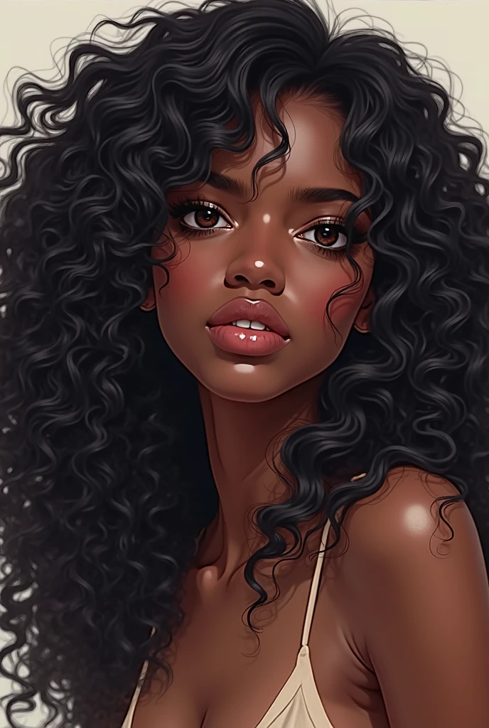 A dark skinned women with long curly hair, in anime art style - SeaArt AI