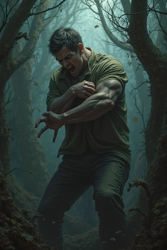 A scared boy in dark forest
