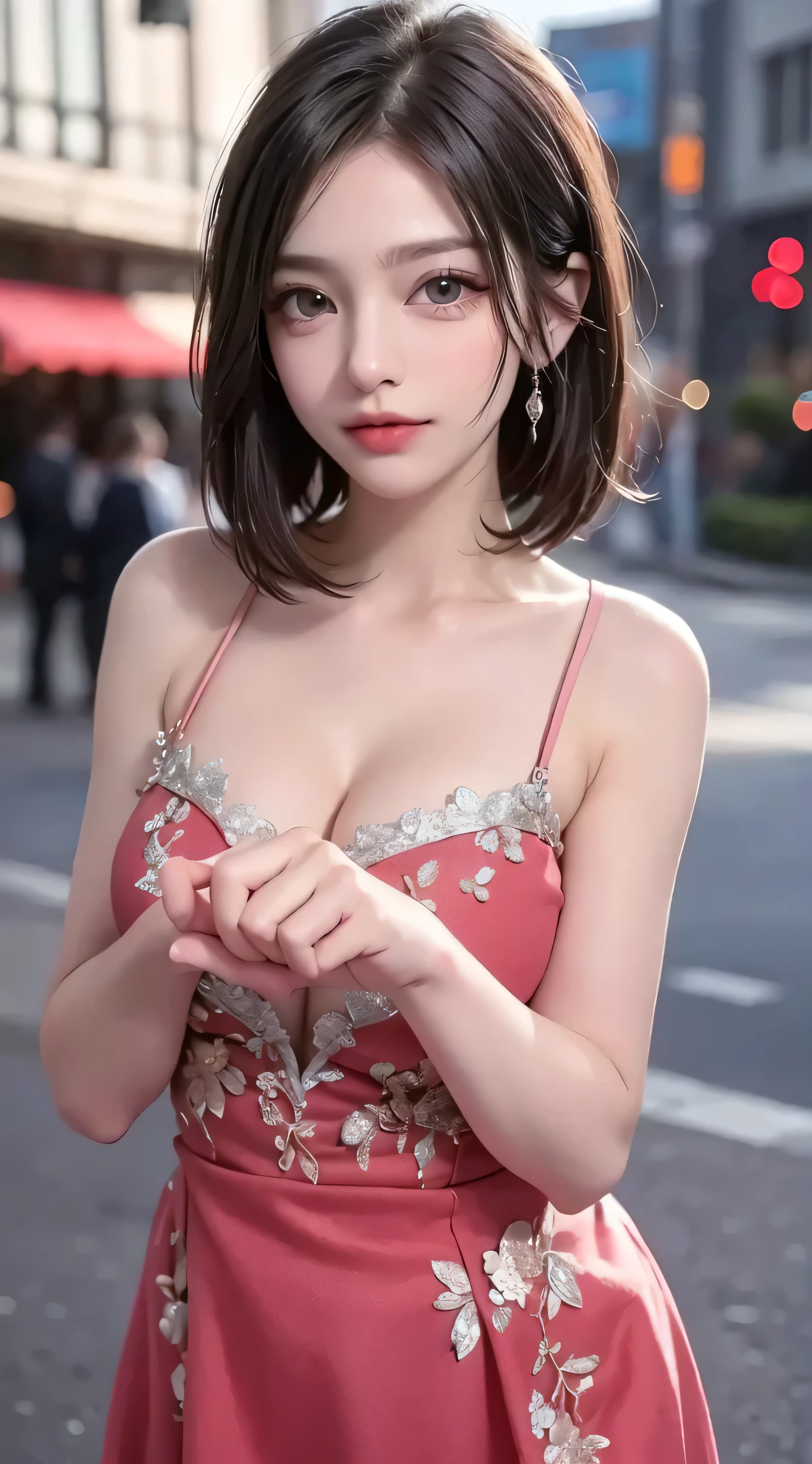 ((Highest quality, 8k, masterpiece :1.3)), Sharp focus :1.2, Beautiful woman with perfect figure :1.4, Slim Abs :1.2, ((Big Breasts, Accentuate your cleavage:1.3)), (PhotoRealistic:1.4), (Realistic:1.4), (Short Bob Hair, Light brown hair:1.5), Highly detailed face and skin texture, fine grain, double eyelid. Makeup Face. A little bit of lipstick, Sex Appeal, Sexy sculpture pose, ((Wearing a red off-the-shoulder top and white leggings、Wearing pearl earrings in nature、Striking a sexy pose。:1.3)