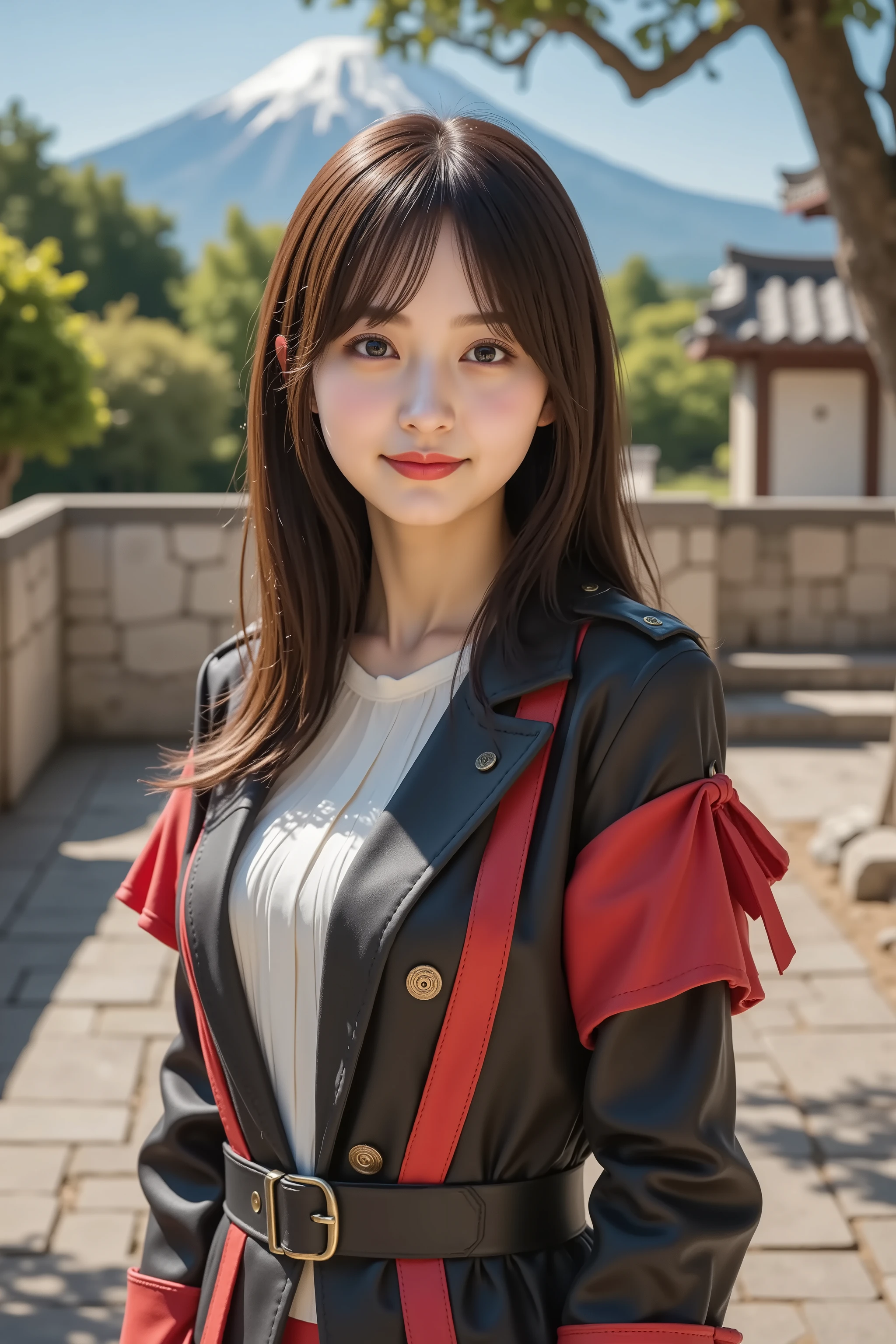 firm breast, by adjusting the framing so the subject's full head is visible within the composition, with the crop showing only from just above the bust to slightly above the top of the head. a highly detailed and realistic digital illustration of a female character in a stylized military-inspired fantasy outfit, standing in an outdoor courtyard with mountains and traditional architecture in the background, by adjusting the framing so the subject's full head is visible within the composition, with the crop showing only from just below the shoulders to slightly above the top of the head. Ensure there is a comfortable amount of background space above the head to establish spatial context. She is wearing a striking combination of black, red, and white garments that merge structured uniform elements with decorative fantasy flair.

The outfit combines formal structure with fantasy elements. The fitted black and red bodice features sharp lines, gold button accents, and diagonal cuts that shape the torso. A vertical white shirt panel beneath the jacket is neatly pleated and contrasts with the darker outer layers. The jacket has shoulder flaps, gold cord details, and a high collar with a small metal clasp at the throat.

Her arms are adorned with asymmetrical accessories: one side has a long black glove that reaches past the elbow, while the other features a red sleeve tied with a bow and held in place by a thin gold chain. A wide black belt with a brass buckle cinches her waist, contributing to the tailored look.

In the background, a stone-paved courtyard extends outward, surrounded by buildings with dark tiled roofs. To the side, stone steps ascend between trees and rocks. In the distance, a tall snow-capped mountain rises above the treeline under a clear blue sky. Green trees provide shade, and warm sunlight casts soft shadows over the path and walls.

The composition emphasizes the balance between strong fashion design and the calm, natural elegance of the outdoor setti