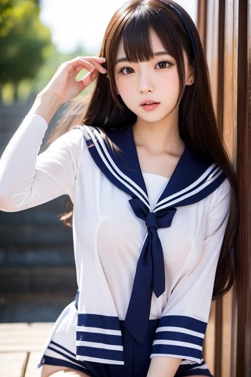 (8k, RAW photo, highest quality, masterpiece:1.2), (realistic, photo-realistic:1.37), Super detailed, 1 girl,17 years old、((panty shot))((Low - Angle))cute, white skin、looking at the viewer, light smile,alone, school uniform, sailor suit、school tights、beautiful and detailed sky, ((station))、((from below:1.4))(closed mouth),big breasts, enchanting smile, wide opening, professional lighting, Sony α7R4, Zessie 50mm F1.8, medium breasts,fine and beautiful eyes,