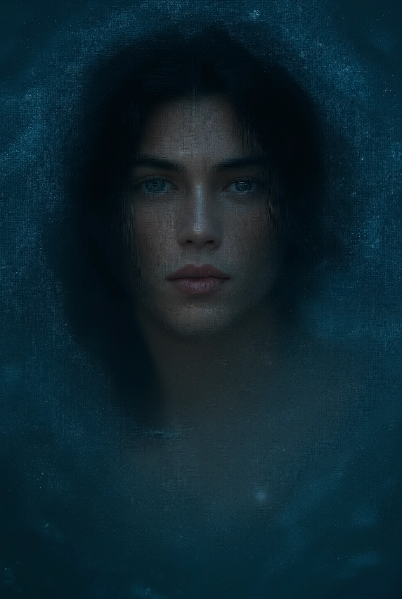 (blue dark eyes 、Prince with long black hair))Beautiful white, smooth, and very thin chin((Long black hair swings upward in a strong stream of water))the most beautiful male prince is expressionless((Blue-black very big eyes))A man with an accurate and beautiful face(A 25-year-old man with white, beautiful, smooth, silky skin1Man is the prince of the sea god)Look at Viewer((口を閉じたupper body))Neptune's beautiful son(Long hair stands against a strong stream of water)real fantasy movie style((dynamic pose))Swim on the dim seabed((deep sea、The god of the sea sinks and lies at the bottom of the dark sea))side angle