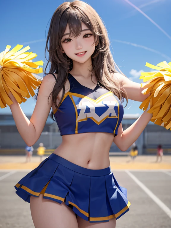 masterpiece,Highest quality,Very detailed,High resolution,(Realistic,photoRealistic:1.37),Excellent anatomy,One beautiful woman,18-year-old,height:152 cm,Blue Cheerleader,(Holding big pom-poms in both hands:1.5),Big smile,cheer leading,Cheerleader uniform,(shape),Micro Pleated Mini Skirt,No underwear,((Very delicate and beautiful)),((Stadium Background:1.2)),Brown Hair,Long Hair,bangs,Very beautiful face,Cute type,Big Natural Color Lip,Small and cute nose,Big and pretty eyes,Brown eyes,Obvious double,Shiny highlight spots around the eyes,Character Focus,Tilt your head,The best light,Best Shadow,mysterious,Perfect Face,Very detailed,Soft Skin,(Glowing Skin,Sweaty:1.3),Beautiful legs,Voluptuous thighs,Plump body,Huge breasts,(Expresses the roundness and softness of the chest area..........1),Beautiful body,(Perfect Woman),Lift your legs,Skirt flip,Bold sexy pose,((cheer dance pose:1.5))