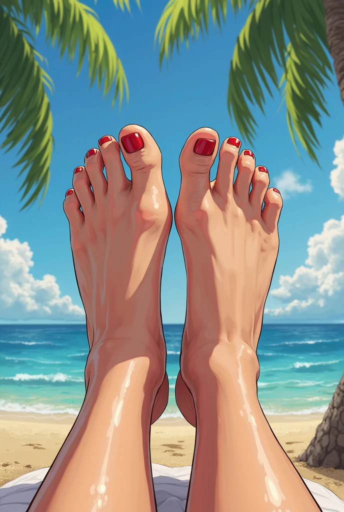 a mature woman with tanned skin, beautiful detailed eyes, beautiful detailed lips, wearing a golden chained bikini and flip flops, thick hips and ass, big butt, brunette hair, old money style, milf at beach, feet in flip flops demonstrating waffly soles, (best quality,4k,8k,highres,masterpiece:1.2),ultra-detailed,(realistic,photorealistic,photo-realistic:1.37), best anime style, realistic anatomy, seducing photo, photorealistic, milf's belly, no makeup, from below angle, looking at viewer, detailed feet