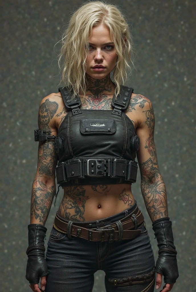 Ugly faced woman, white skin hard blond hair, Full body tattoo, Compact body armour vest black, black jeans, black boots, Ultra-realistic showing the whole body.