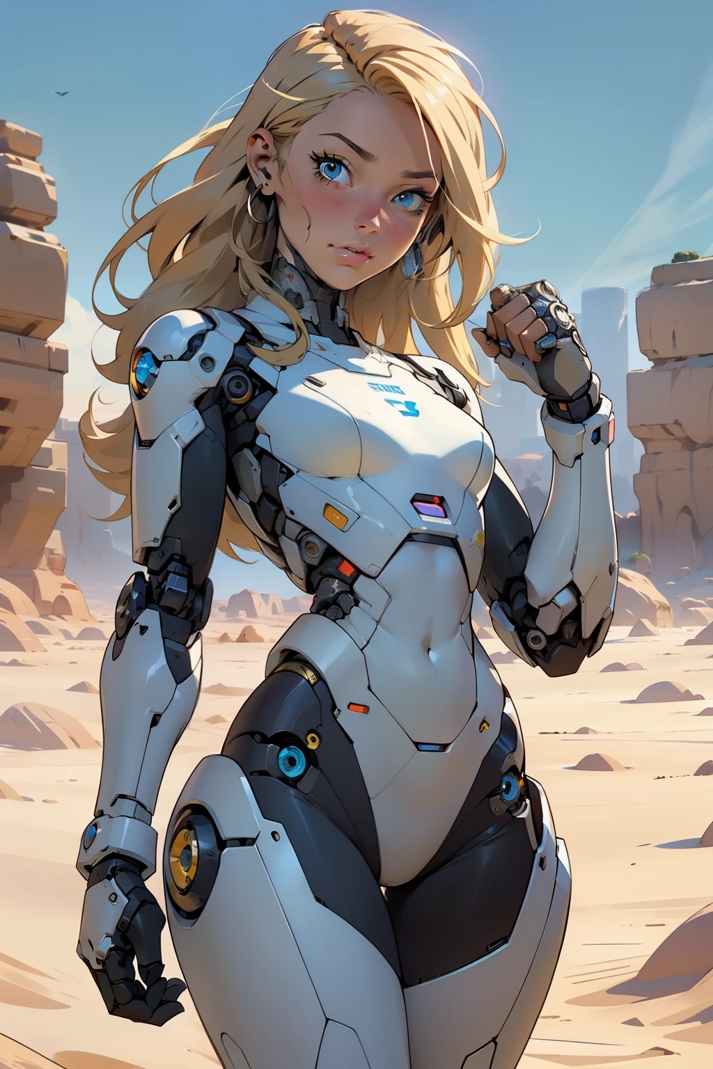 high quality, 4k, masterpiece, beautiful, cyborg girl, cowboy shot, dull eyes, looking at viewer, long blonde hair, girl, small breasts, fit thigh, robotic arms, robotic body, cyborg body, yellow accent, intricate detail, joint, detailed lines, robotic detail, holding fist up, holding hand up as fist, color robotic parts, robotic parts with color, perfect fingers, on a desert planet, sunny background, colorful desert,