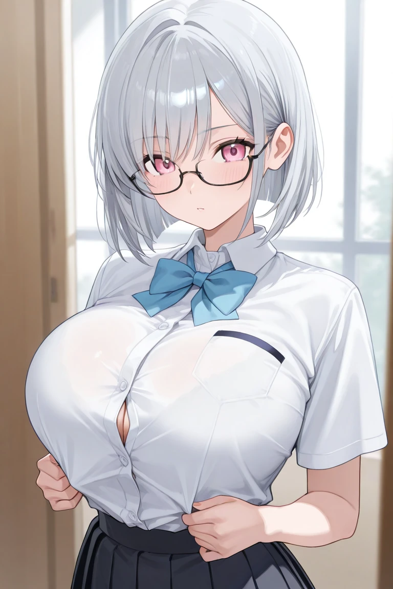 Mommy short gray hair huge with very big and huge breasts with  uniform nurse glasses tactical scarf very beautiful and very pretty detailed