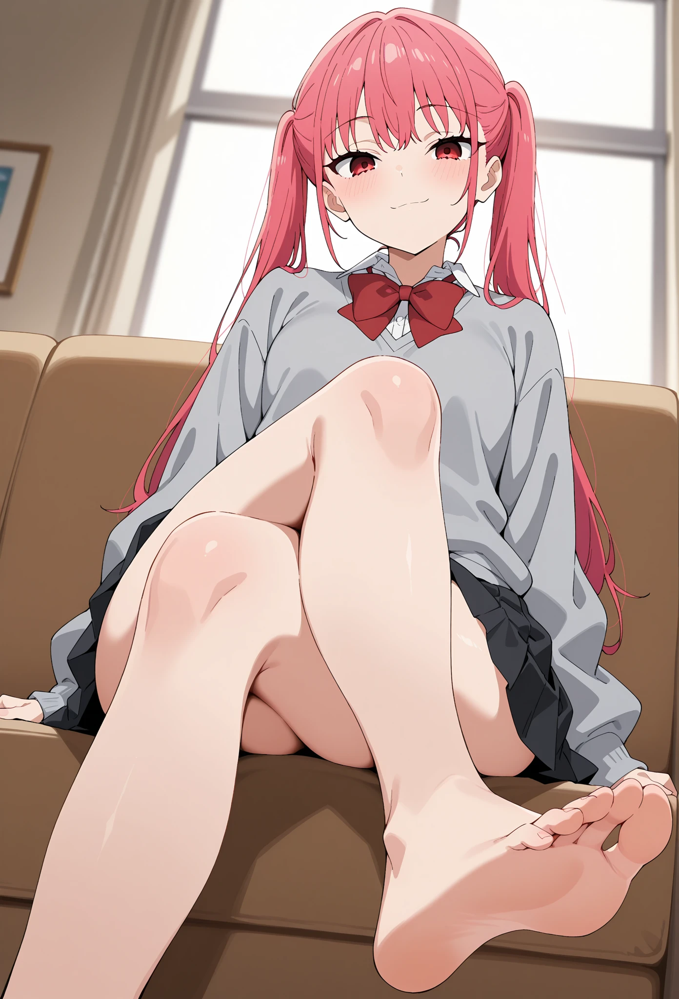 Masterpiece Top Quality High Resolution、Anna Tanaka , Long hair, Sit with your knees bent、Eight-headed body、beauty legs 、in a school、As if looking up from below、Ashamed((Mansuji、mekosji))、((Wrinkles in panties))、cunt、Inter-strands