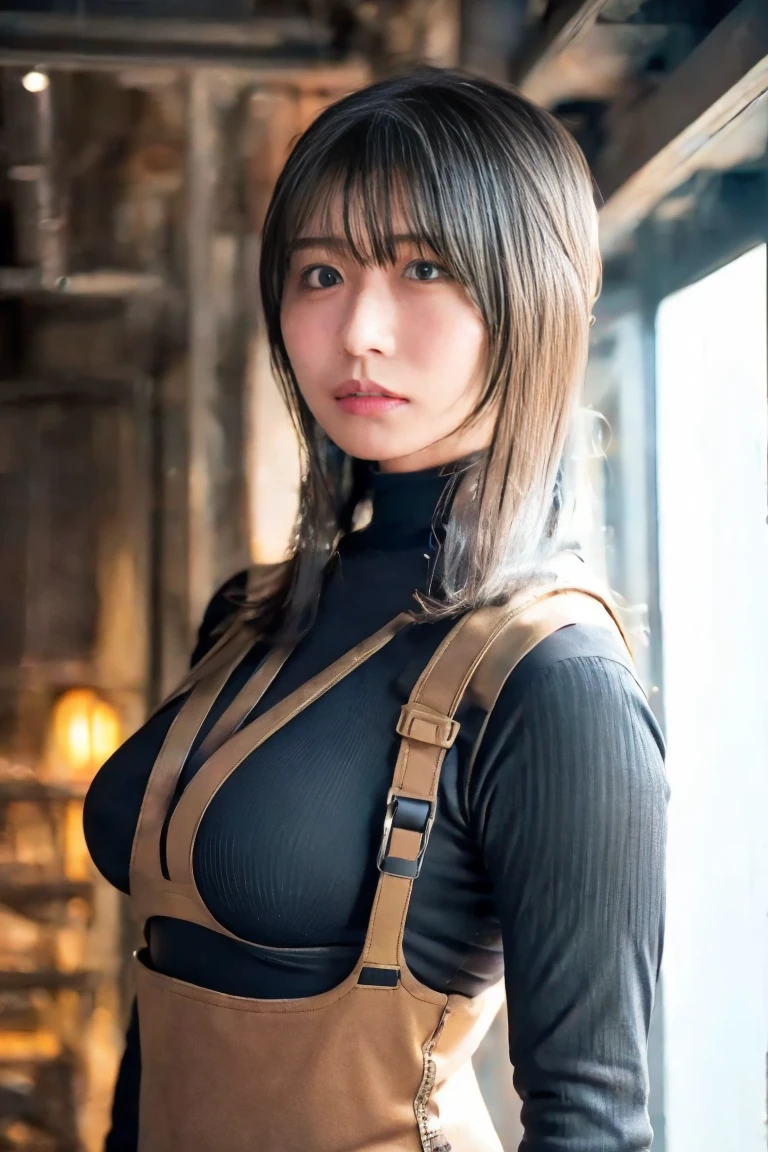 anatomically correct, best quality, masterpiece, high quality, high details, highres, HD, (shaded face:1.2), hollow eyes, brown eyes, looking at viewer, heavy breathing, smirk, upper teeth, NobukoIzumiR4, hair bulled back, black hair, brown eyes, 1girl, black_hair, katana, holding_weapon, gloves, belt, holding, holding_sword, breasts, pants, building, solo, cityscape, city, long_sleeves, black_gloves, outdoors, looking_at_viewer, smile, sheath, bangs