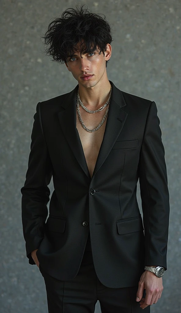 Shoulder-length hair,1boy, bangs, belt, black jacket, black pants, blood, bound, bound wrists, blonde hair, chain, chained, collared shirt, cuffs, cuts, formal, handcuffs, injury, jacket, kneeling, long sleeves, looking at viewer, male focus, open clothes, open shirt, pants, parted lips, red eyes, shirt, short hair, solo, suit, torn clothes, torn shirt, white shirt