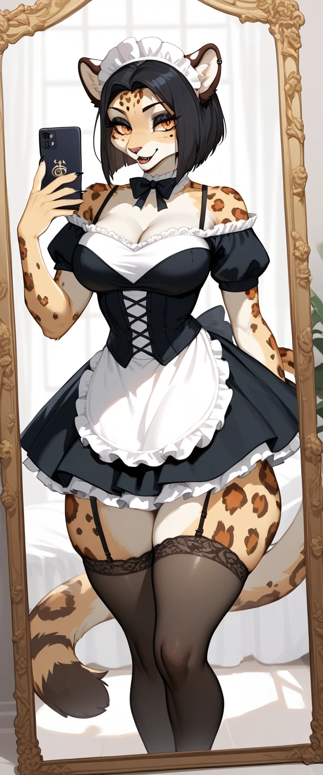score_9, score_8_up, score_7_up, score_6_up, score_5_up, score_4_up, (solo), female anthro hyena, maid outfit, lusty, fluffy body, long blond hair, turquoise eyes, (thick thighs:1.5)((( offering the breasts))) sex partial clothes, (((cleavage))) (barely_visible_booba) (she is standing) , giant breasts ((low angle view))