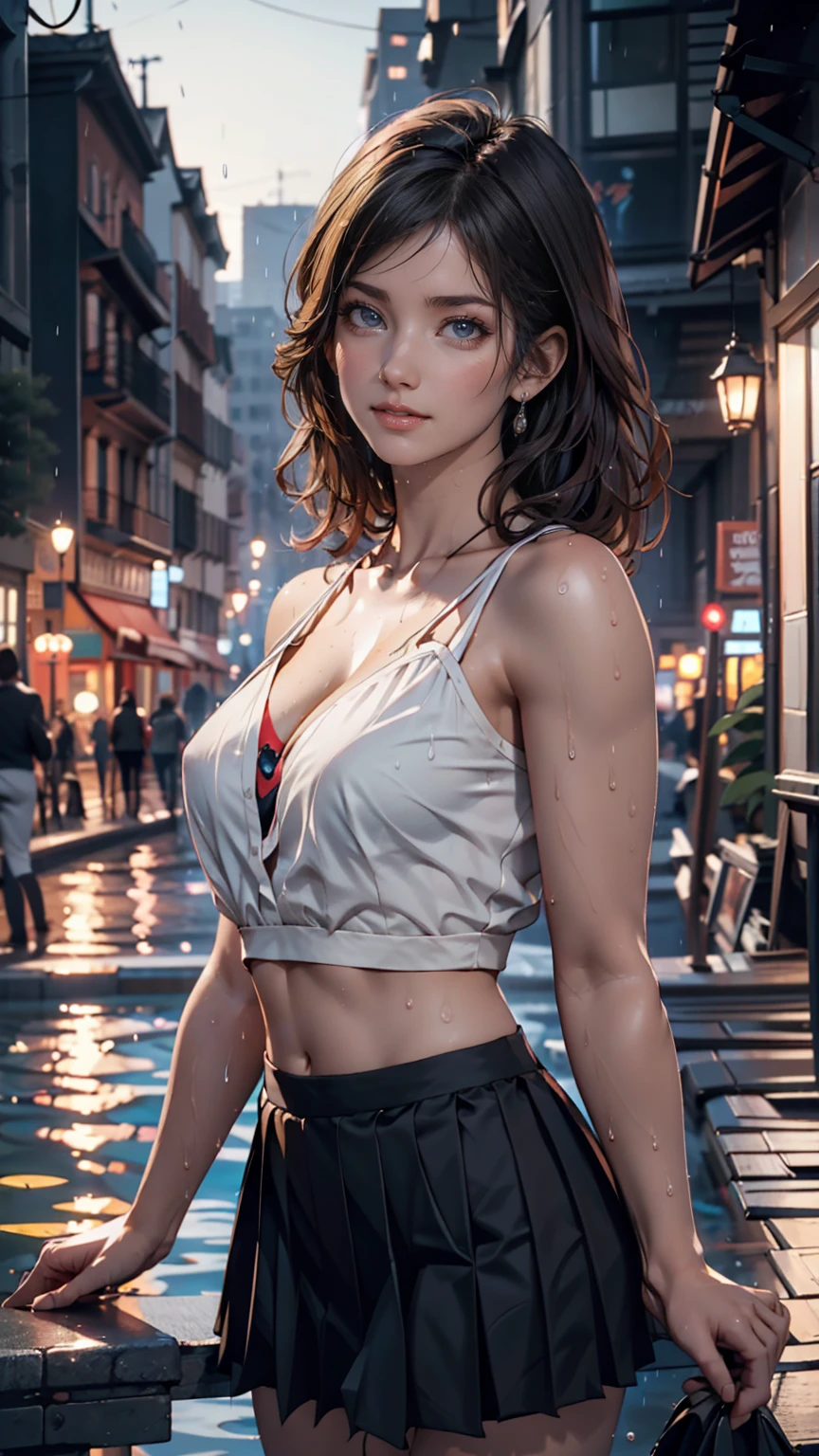 ((64K, UHD, Top Quality, Masterpiece: 1.2), (Realistic, Photorealistic: 1.37), Ultra Detail, (Tokyo, Busy Street, Sunny: 1.2), Professional Lighting, Photon Mapping, Radiosity, Physically Based Rendering, Masterpiece, Rich Detail, (Fine Face),(Fine Eyes), (Clear Face), (Detailed Face Description), (Detailed Hand Description), ( masterpiece), realistic, extreme light and shadow, shiny skin,shiny hair, one girl, 18 years old, Japan, cute, (smile,happy:1.3),(gradient brown hair, short hair, ponytail:1.2),small tall, slender: 1.2, double, disheveled hair, fine clavicle, clavicle, (small breast, flat chest:1.37),(dynamic pose, cowboy shot: 1.3), (knitted deep V-neckline slip dress, micro mini, sideboob, bare waist, bare armpit, cleavage: 1.2), face focus