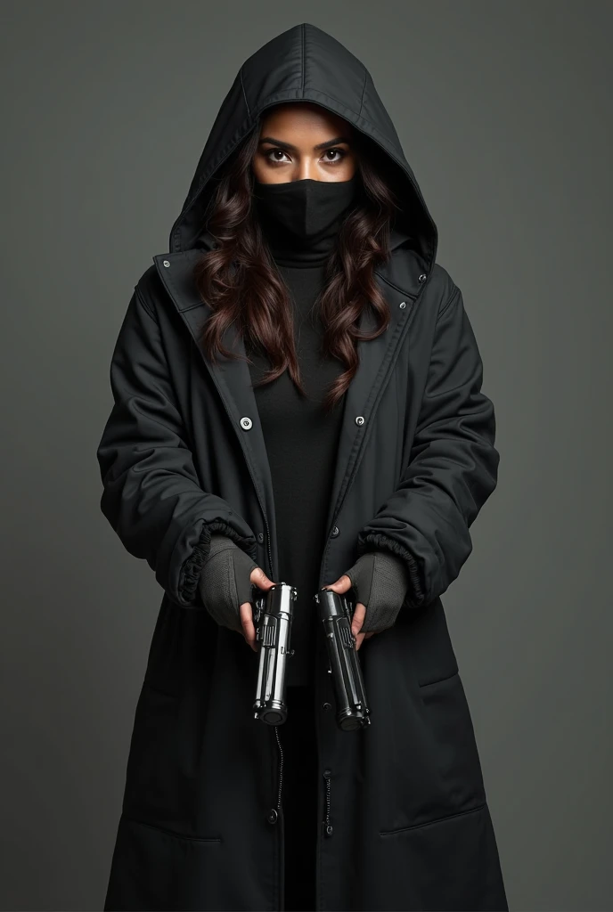 a female version of Jason Voorhees, totally realistic, always repeating the same face, always repeating the same appearance, always repeating the same proportions, always repeating the same outfit, ((alone)), full body, very detailed face, very detailed eyes , very detailed irises, looking at the camera,