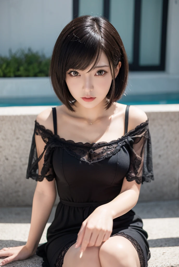 Ultra-high resolution, Superior Quality, highest quality, Super detailed, Realistic, 8k, RAW Photos, highest quality, masterpiece, Attractive girl, A wonderful girl, Black Hair, Asymmetrical bangs, Japanese Idols, Sophisticated, stylish, camisole, Sitting, Shibuya Ward,