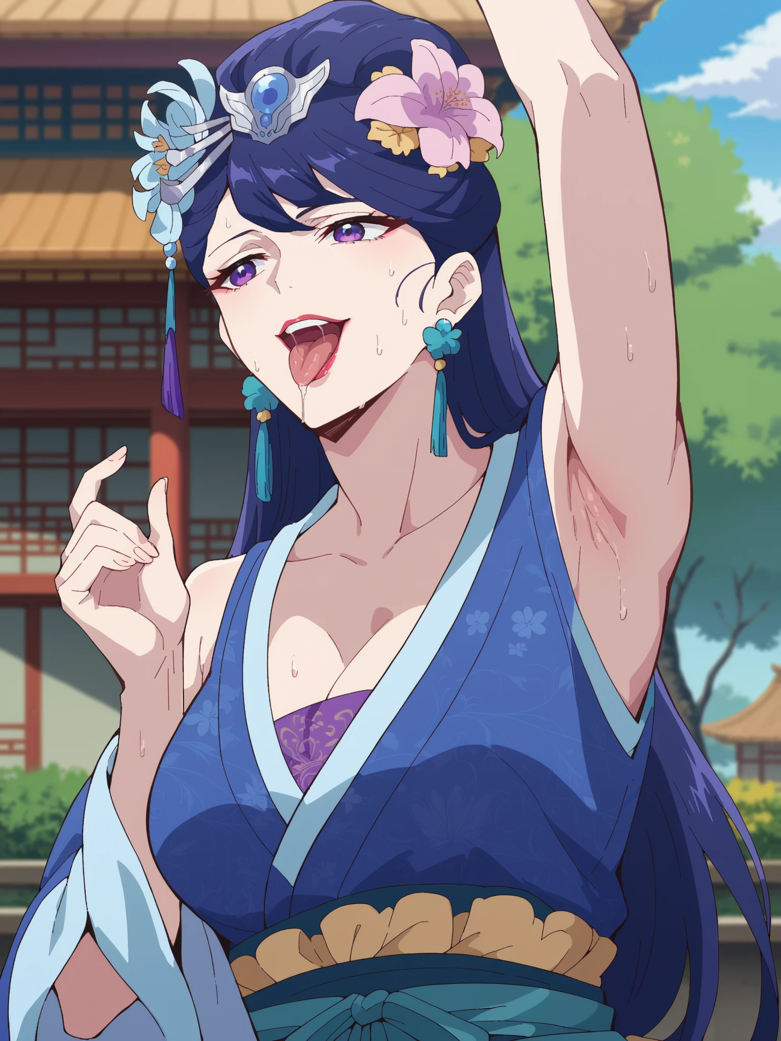 (best quality, masterpiece),Pear Blossom,Every Single Person at the Drugstore,armpits,Sleeveless,long hair, purple eyes, purple hair, flower, earrings, hair flower, lipstick,Chest,  jewelry, Chinese clothing, Hanfu,Outdoors,garden,smile,indoor, big breasts, curvy hips, lifting her one leg アップ, from below, dynamic angle, open your mouth, stick out their tongues, Saliva coming out of the tongue, fingers, coloring, on the bed, bedroom,  , intoxicated, Sweating and watching viewers,hamburger,