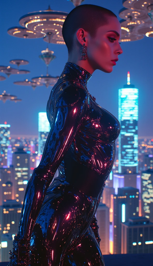 (ultra realistic,32k, masterpiece:1.2),(high detailed skin:1.1),( 8k uhd, dslr, high quality:1.1),
 <lora:Vixen_JLU:0.7>Vixen_JLU, very short hair, black hair , Dark Skin, (orange eyes:0.8), orange bodysuit, mascara,, , <lora:add_detail:0.99>, (huge breast:1.1), 
(looking at viewer, lying, from above:1.1),,upper body,
,(dynamic lighting:1.1), city, city skyline,