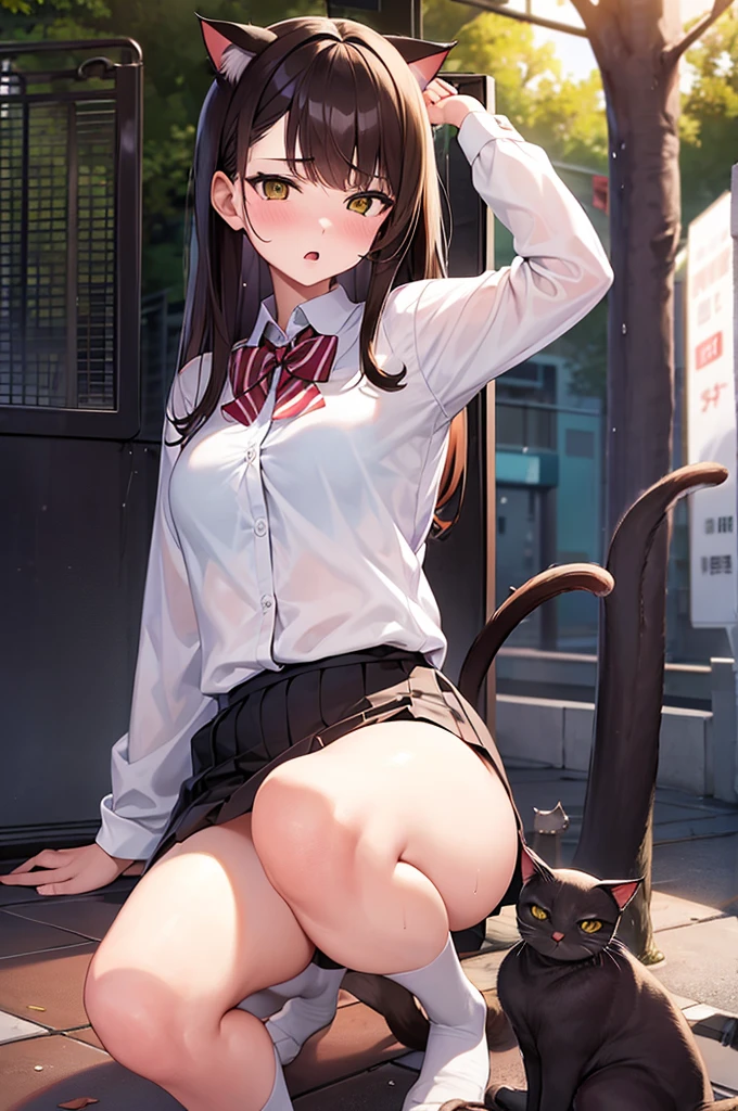 masterpiece, best quality,1girl,young girl,brown eyes,long hair,mesugaki smile,shiny skin,(nice leg line:1.3),thin waist,huge breasts
BREAK
school uniform,necktie,((pencil skirt)),high heels
BREAK
street,crowd,depth of field,looking at viewer,squatting,from behind,full body,legsupsexms