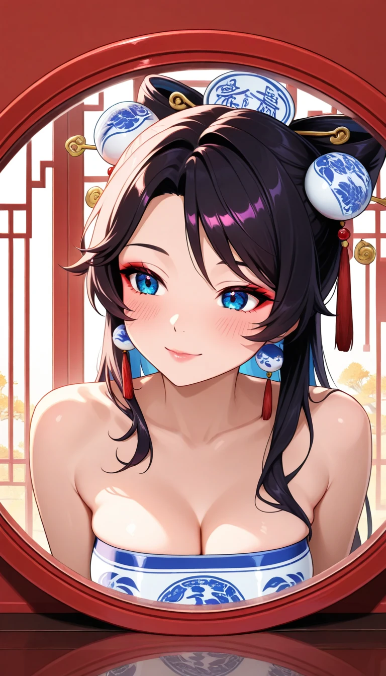 Best quality at best,4K,8K,A high resolution,tmasterpiece:1.2,ultra - detailed,actual:1.37,sportrait,Beautiful snowflake pattern,Blue and white porcelain, closeup cleavage, Sophisticated AND Intricate Details, Traditional craftsmanship, vivd colour, shiny glaze, fine brushwork, Refined artistry, with glossy finish, Studio lighting
