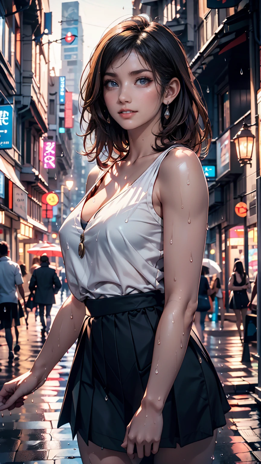 ((Best quality, 8k, Masterpiece: 1.3)), Selfie, Sharp focus: 1.2, Cute beautiful woman with perfect body: 1.4, Slim big breasts: 1.2, ((Brown hair dark, Big breasts: 1.2)) , (small transparent dress, half naked, highly detailed breasts, Happy expression, Standing: 1.2), ((Night view of the city with rain, Balcony simple: 1.3 making with the female being the main focus)), Highly detailed face and skin texture, Detailed eyes, Double eyelid --auto
