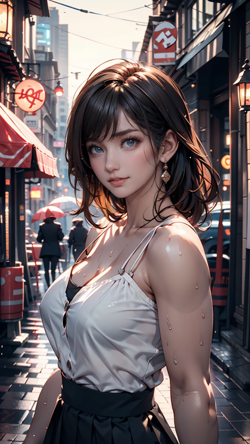 (logo, masterpiece, 8K, Tabletop, RAW Photos, wonderful, 最high quality, Photorealistic and very detailed CG composite 8k wallpaper, high quality, Very detailed, Narrative poem, Particle Effects, Dynamic Effects, Depth of the Boundary, Cinematic Light, Lens flare, Ray Tracing), short hair beautiful young woman, Hair tied back, high detail skin, very fine, fine skin texture, beautiful face, realistic eyes, beautifully detailed eyes, realistic skin, beautiful skin, surreal, smiling eyes, Hair and light eyes, Vibrant, Colorful lights and bokeh. The lighting casts a warm glow on her face and hair, Blue glow, Water surface reflection, Creates a dreamy and magical atmosphere, Big Breasts, Brown Hair, short hair, plump lower lip, pink blush on the cheeks , pink lips, brown tight no-shoulder knit sweater